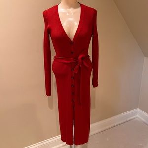 F21 Burnt red button front sweater dress with tie waist and slits on both sides.